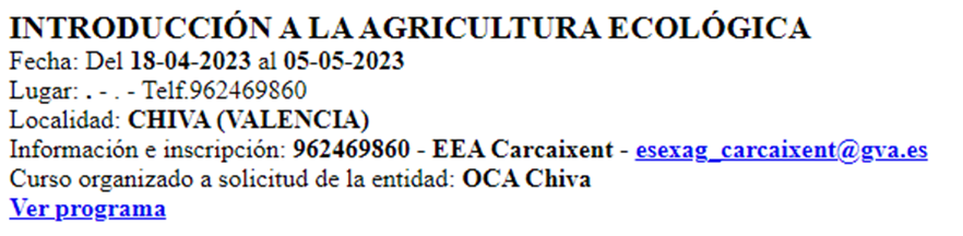INTRODUCCIÓN A LA AGRICULTURA ECOLÓGICA (del 18.04.2023 al 05.05.2023) - CHIVA (Valencia)